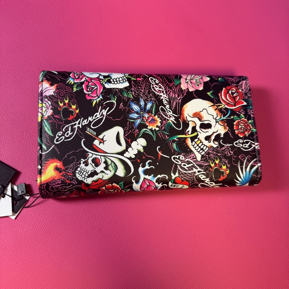 Ed Hardy Skull Floral Tattoo Wallet NWT Vegan Leather Y2K Multi-Compartment